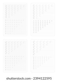 Letter C. Uppercase lowercase trace english alphabet design for learning handwriting. A4 Printable worksheet for preschool kindergarten kids to improve basic writing skills. Vector illustration.