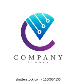 letter C and letter V with electronic circuit, technology logo template, CV logo