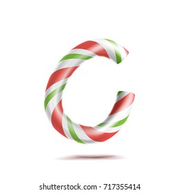 Letter C Vector. 3D Realistic Candy Cane Alphabet Symbol In Christmas Colours. New Year Letter Textured With Red, White. Typography Template. Striped Craft Isolated Object. Xmas Art Illustration