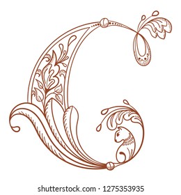Letter C. Vector letter engraving style with flower and animal. Sketch hand drawn vintage