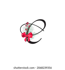 Letter C vector holiday illustration with tree branches and cones. Floral alphabet merry christmas. Monogram initials are perfect for greeting card, logo, poster. Isolated on white background 