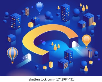 Letter C. Vector isometric abstract font with icons, buildings, colour boxes, trees, balloons. 3d letter for design concept. More letters in same style in my portfolio