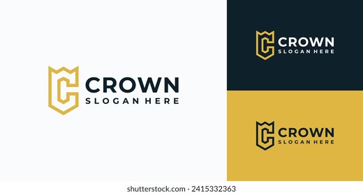 Letter C vector logo design in the shape of a golden crown and shield combination.