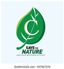 Letter C vector logo and icon save the nature. Go green poster design. Ecology campaign publication