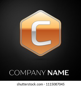 Letter C vector logo symbol in the golden hexagonal on black background. Vector template for your design