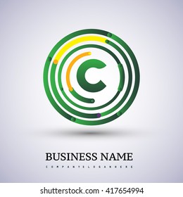 Letter C vector logo symbol in the circle thin line colored green and yellow. Design for your business or company identity.