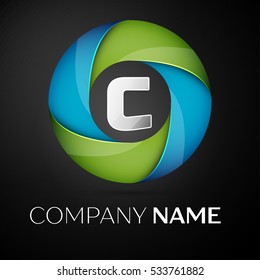 Letter C vector logo symbol in the colorful circle on black background. Vector template for your design