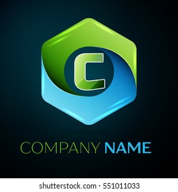 Letter C vector logo symbol in the colorful hexagonal on black background. Vector template for your design
