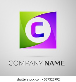 Letter C vector logo symbol in the colorful square on grey background. Vector template for your design
