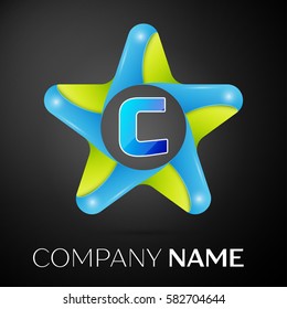 Letter C vector logo symbol in the colorful star on black background. Vector template for your design