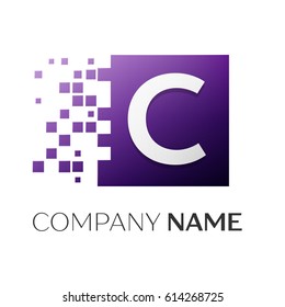 Letter C vector logo symbol in the colorful square with shattered blocks on white background. Vector template for your design