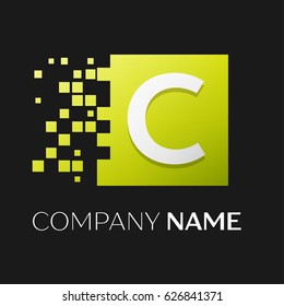 Letter C vector logo symbol in the colorful square with shattered blocks on black background. Vector template for your design