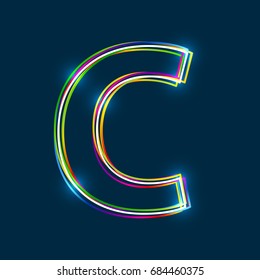 Letter C - Vector multicolored outline font with glowing effect isolated on blue background. EPS10