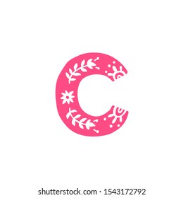 Letter C. Vector. Pink letter with ornament. Applique for clothes. Logo for the company.