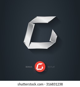 Letter C, Vector silver font. Elegant Template for company logo. Metallic Design element or icon. Pseudo origami style, including flat version.