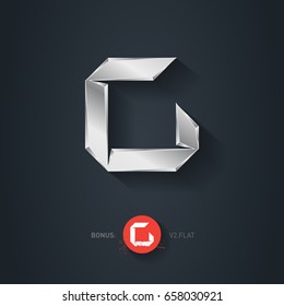 Letter C, Vector silver font. Elegant Template for company logo. Pseudo origami style, including flat version. Metallic Design element or icon.