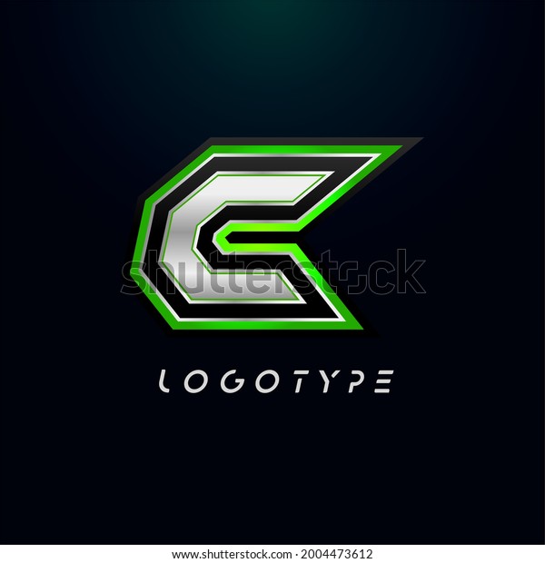 Letter C for video\
game logo and super hero monogram. Sport gaming emblem, bold\
futuristic letter with sharp angles and green outline. Tilted sharp\
letter type on black\
background