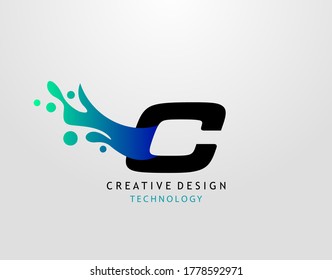 Letter C Water Splash Logo. Modern Techno Alphabet Splatter Icon, Template Design.