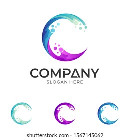 Letter C Wave Logo Concept, Water Splash Vector Illustration, Dynamic Initial Letter C With Liquid Icon, Font  With Bubbles  Shape, Fresh C Logo 