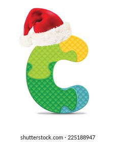 Letter C written with alphabet puzzle with Christmas hat - vector illustration