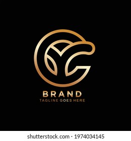 Letter C + y monogram logo design with gold color