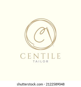 letter C with yarn needle tailor logo design, vector graphic symbol icon illustration