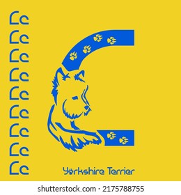 Letter C with Yorkshire terrier. Unusual decorative alphabet. Dog font based on gestalt design