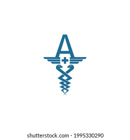 Buchstabe A mit Caduceus Symbol-Logo-Design, Vektorvorlage