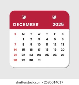 Letter calendar for 2025. The week begins on Sunday. Time, planning and schedule concept. Flat design. Removable calendar for the month. Vector illustration