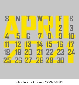 Letter calendar for April 2021. The week begins on Sunday. Time, planning and schedule concept. Flat design. Removable calendar for the month. Vector illustration
