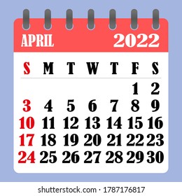 Letter calendar for April 2022. The week begins on Sunday. Time, planning and schedule concept. Flat design. Removable calendar for the month. Vector illustration