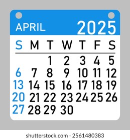 Letter calendar for april 2025. The week begins on Sunday, with concepts of time, planning, and scheduling, along with a removable calendar for the month. Flat design.	