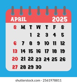 Letter calendar for April 2025. The week begins on Sunday. Time, planning and schedule concept. Flat design. Removable calendar for the month. Vector illustration