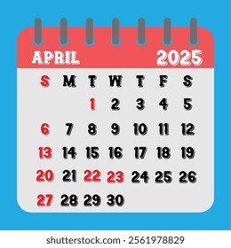 Letter calendar for April 2025. The week begins on Sunday. Time, planning, schedule holidays and observances concept 
