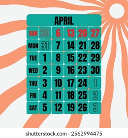 Letter calendar for April 2025. The week begins on Sunday. Time, planning and schedule concept. Flat design. Removable calendar for the month. Vector illustration
