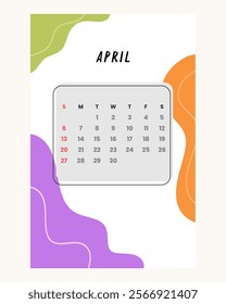 Letter calendar for April 2025. The week begins on Sunday. Time, planning and schedule concept. Flat design. Removable calendar for the month