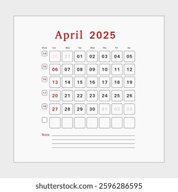 Letter calendar for April 2025. The week begins on Sunday. Time, planning, schedule concept, and includes notes. Flat design. Removable calendar for the month. Vector illustration.