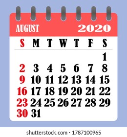 Letter calendar for August 2020. The week begins on Sunday. Time, planning and schedule concept. Flat design. Removable calendar for the month. Vector illustration