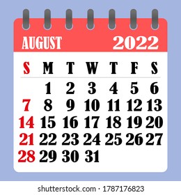 Letter calendar for August 2022. The week begins on Sunday. Time, planning and schedule concept. Flat design. Removable calendar for the month. Vector illustration