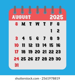 Letter calendar for August 2025. The week begins on Sunday. Time, planning and schedule concept. Flat design. Removable calendar for the month. Vector illustration