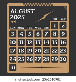 Letter calendar for August 2025. The week begins on Sunday. Time, planning and schedule concept. Flat design. Removable calendar for the month. Vector illustration