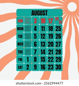 Letter calendar for August 2025. The week begins on Sunday. Time, planning and schedule concept. Flat design. Removable calendar for the month. Vector illustration
