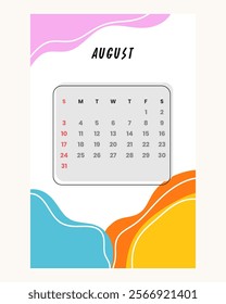 Letter calendar for August 2025. The week begins on Sunday. Time, planning and schedule concept. Flat design. Removable calendar for the month