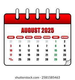 Letter calendar for August 2025. The week begins on Sunday. Time, planning and schedule concept. Flat design. Removable calendar for the month. Vector illustration