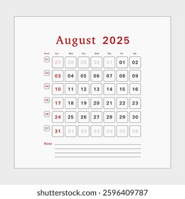 Letter calendar for August 2025. The week begins on Sunday. Time, planning, schedule concept, and includes notes. Flat design. Removable calendar for the month. Vector illustration.