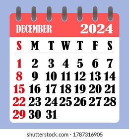 Letter calendar for December 2024. The week begins on Sunday. Time, planning and schedule concept. Flat design. Removable calendar for the month. Vector illustration