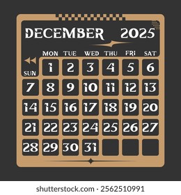 Letter calendar for December 2025. The week begins on Sunday. Time, planning and schedule concept. Flat design. Removable calendar for the month. Vector illustration