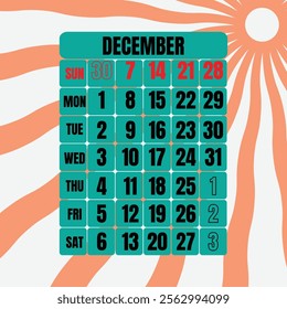 Letter calendar for December 2025. The week begins on Sunday. Time, planning and schedule concept. Flat design. Removable calendar for the month. Vector illustration