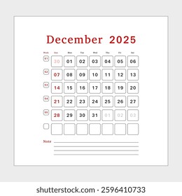 Letter calendar for December 2025. The week begins on Sunday. Time, planning, schedule concept, and includes notes. Flat design. Removable calendar for the month. Vector illustration.