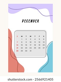 Letter calendar for Desember 2025. The week begins on Sunday. Time, planning and schedule concept. Flat design. Removable calendar for the month